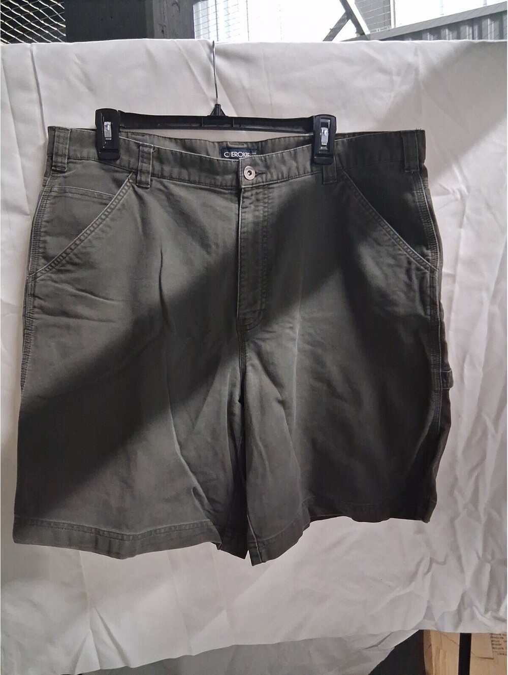 Mens Cherokee Khaki Green Canvas Carpenter Shorts Hammer Loop Size 38 G2